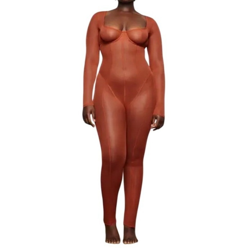SKIMS NEW 2X Ultrafine Sheer Mesh Long Sleeve Catsuit Sienna Rust Bodysuit